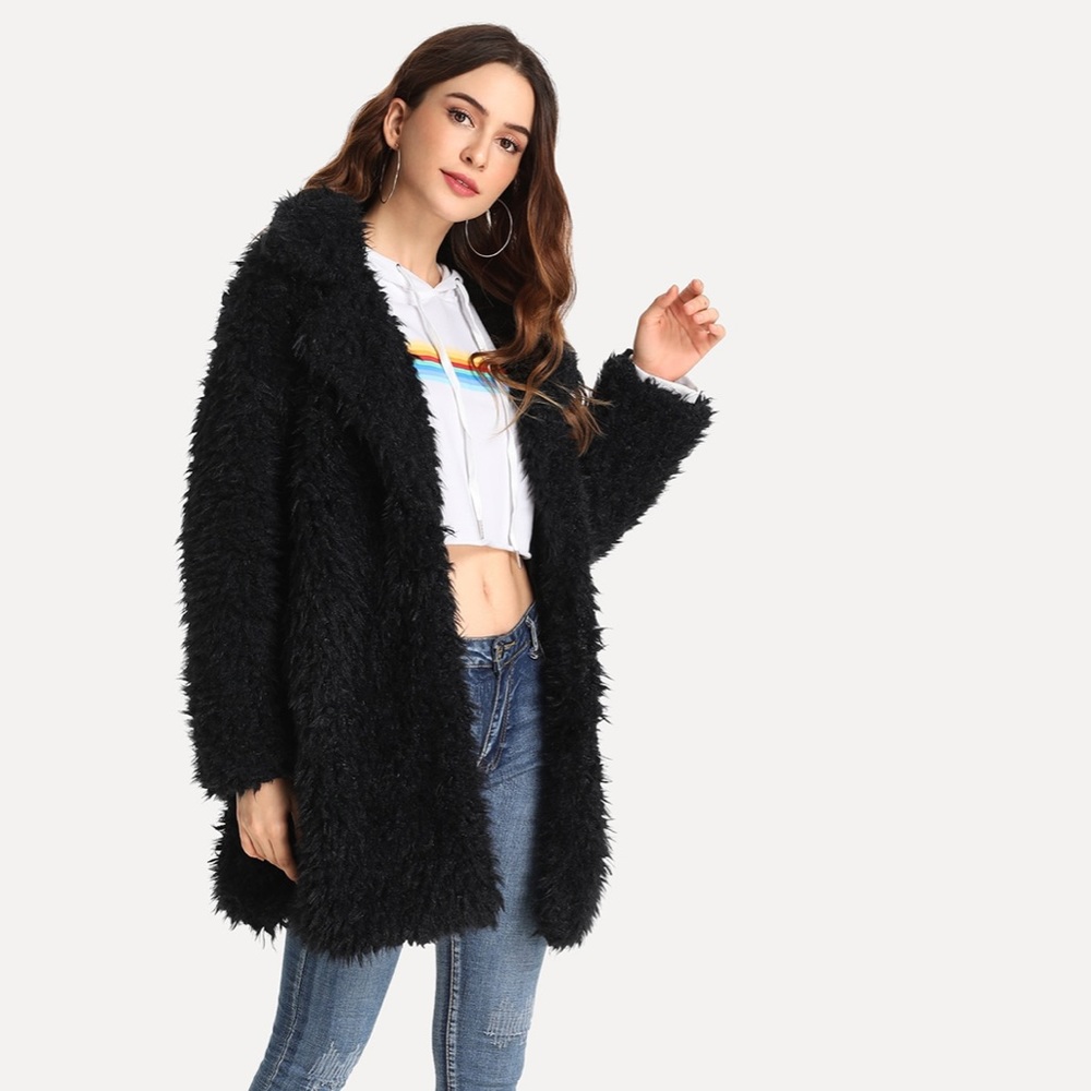 SHEIN Open Front Faux Fur Teddy Coat - Black sz M